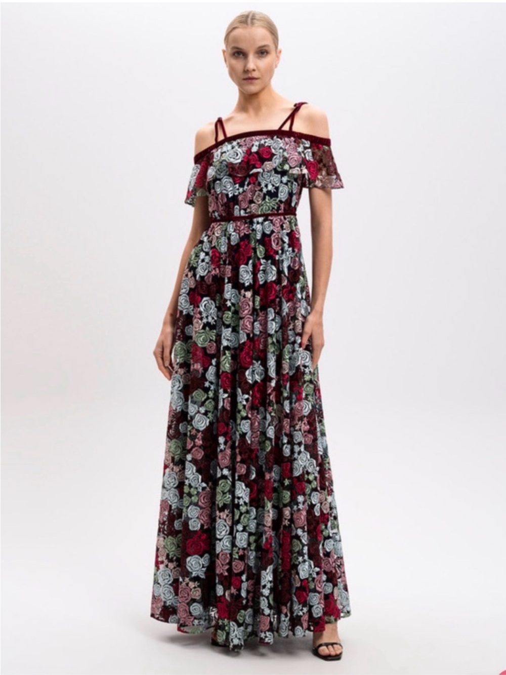 Zac Posen Rosette Embroidered Flutter Off-the-Shoulder Gown Maxi floral dress
